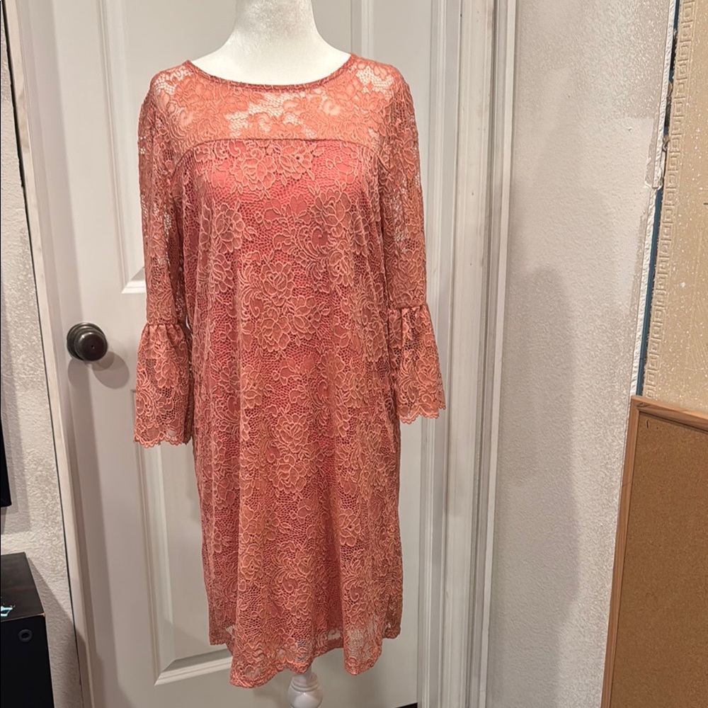 Pink Lace Dress with Bell Sleeves
